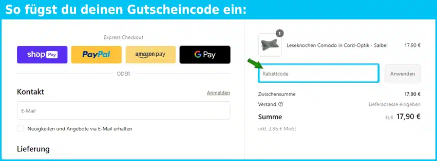 bookiepad Gutschein einfuegen und sparen blau