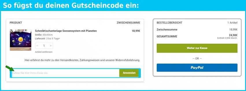 deskpad Gutschein einfuegen und sparen blau