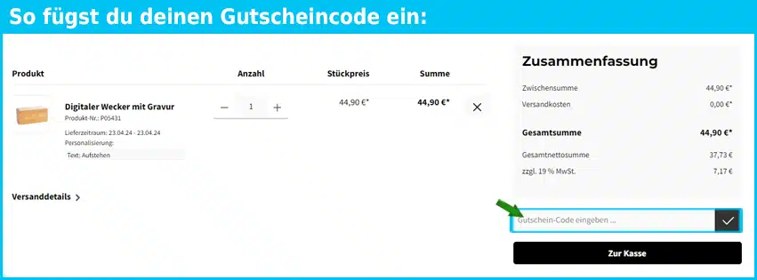 geschenkidee.de Gutschein einfuegen und sparen blau