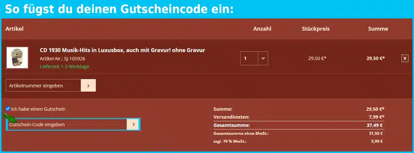 geschenkshop-deluxe Gutschein einfuegen und sparen blau