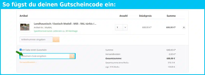 landhaustisch.com Gutschein einfuegen und sparen blau