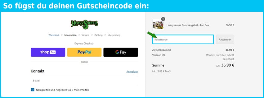 heavysaurus Gutschein einfuegen und sparen blau