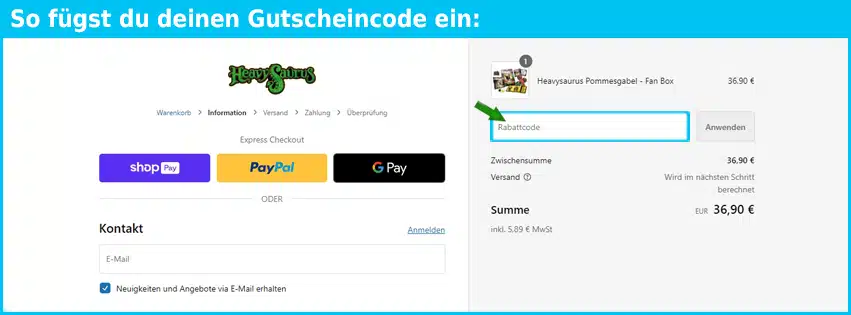 heavysaurus Gutschein einfuegen und sparen blau