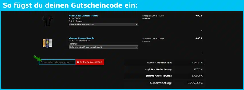 hitech-gamer Gutschein einfuegen und sparen blau