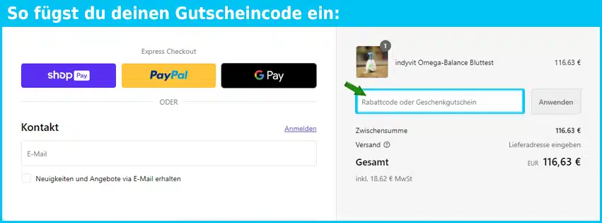 indyvit Gutschein einfuegen und sparen blau