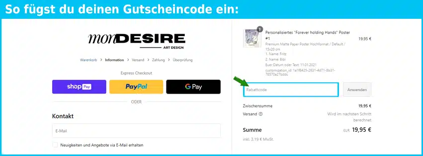 mondesire Gutschein einfuegen und sparen blau
