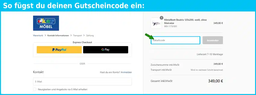 okaymoebel Gutschein einfuegen und sparen blau