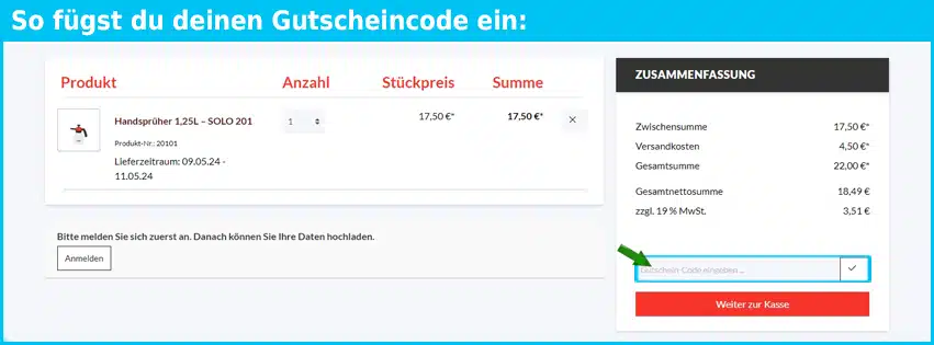 solo Gutschein einfuegen und sparen blau