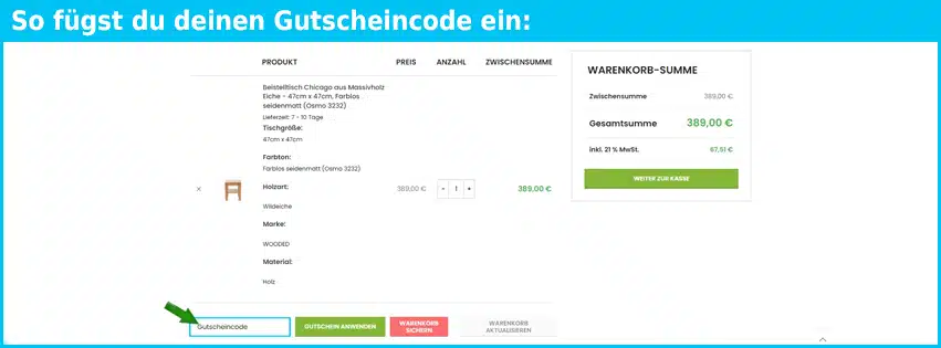 wooded-moebel Gutschein einfuegen und sparen blau