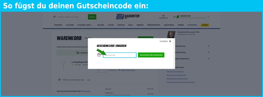badminton-shop Gutschein einfuegen und sparen blau