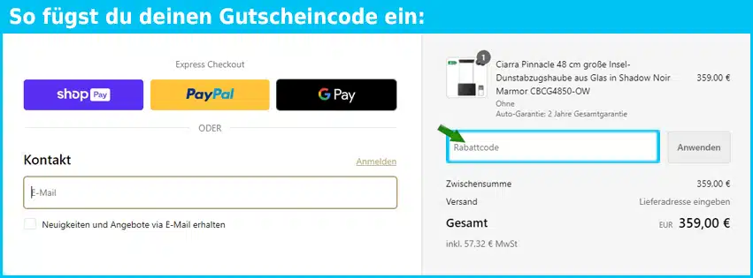 ciarra Gutschein einfuegen und sparen blau