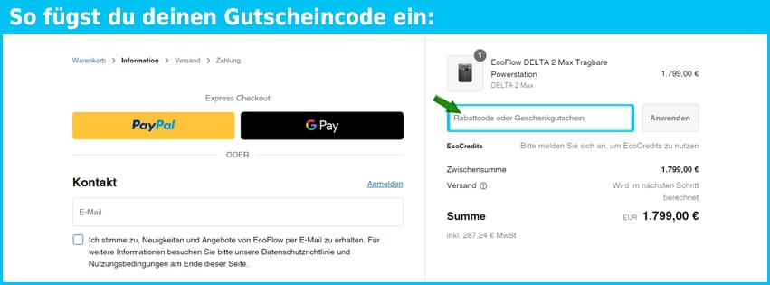 ecoflow Gutschein einfuegen und sparen blau