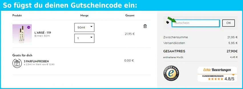 larise Gutschein einfuegen und sparen blau