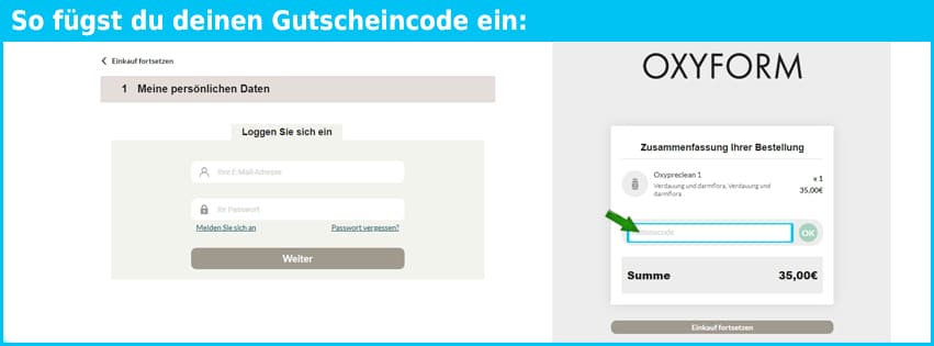 oxyform Gutschein einfuegen und sparen blau