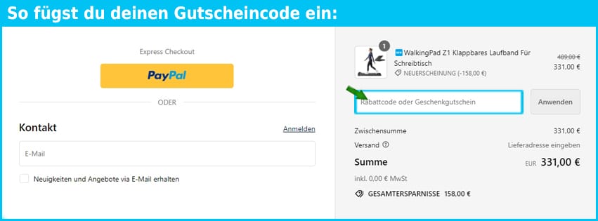 walkingpad Gutschein einfuegen und sparen blau