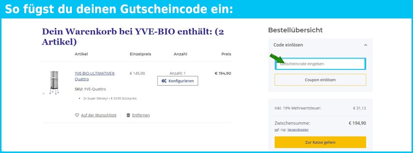 yve-bio Gutschein einfuegen und sparen blau