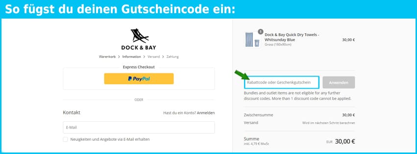 dockandbay Gutschein einfuegen und sparen blau