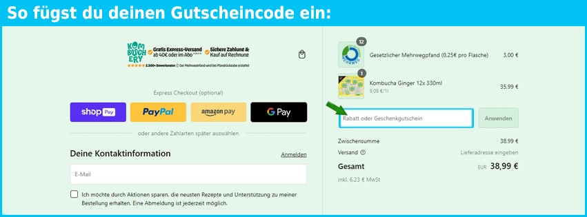 kombuchery Gutschein einfuegen und sparen blau