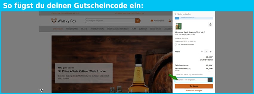 whisky-fox Gutschein einfuegen und sparen blau