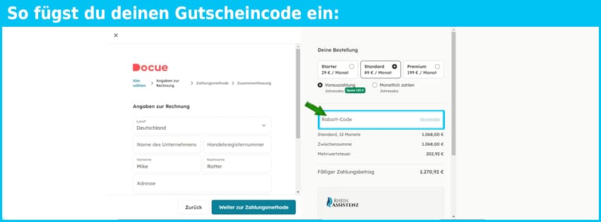docue Gutschein einfuegen und sparen blau