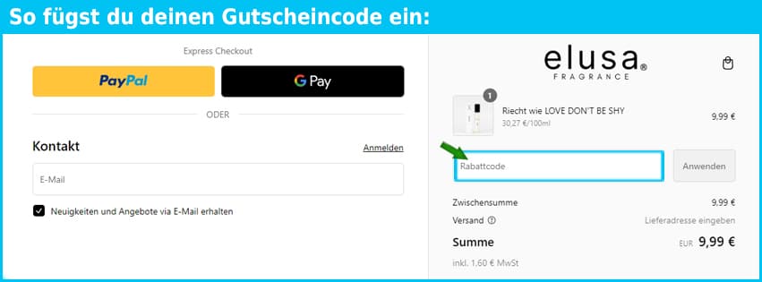 elusa Gutschein einfuegen und sparen blau