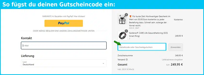 kardena Gutschein einfuegen und sparen blau