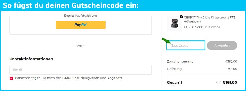 obsbot Gutschein einfuegen und sparen blau