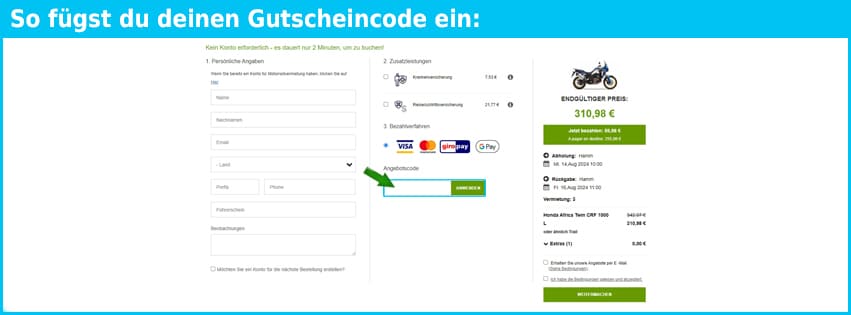 rentalmotorbike.com Gutschein einfuegen und sparen blau