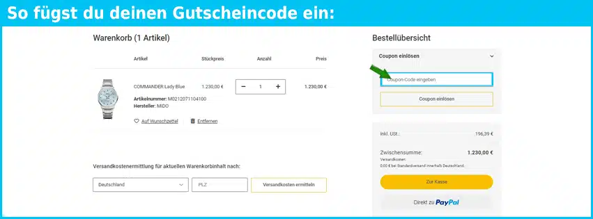 uhr24.de Gutschein einfuegen und sparen blau