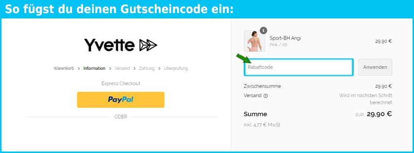 yvette Gutschein einfuegen und sparen blau