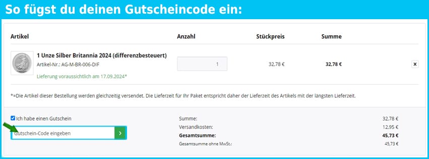 goldsilbershop.de Gutschein einfuegen und sparen blau