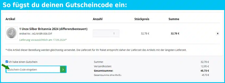 goldsilbershop.de Gutschein einfuegen und sparen blau
