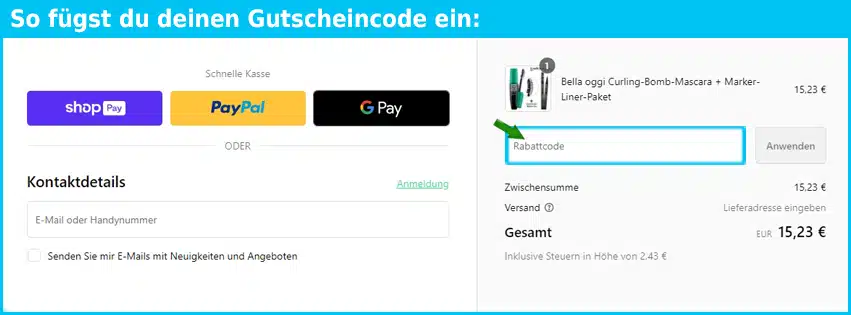 onebioshop Gutschein einfuegen und sparen blau