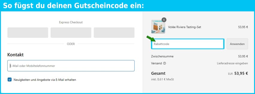 volee Gutschein einfuegen und sparen blau