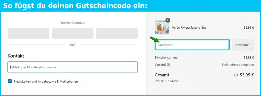volee Gutschein einfuegen und sparen blau