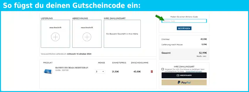 bassetti Gutschein einfuegen und sparen blau