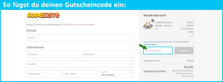 codekiste Gutschein einfuegen und sparen blau