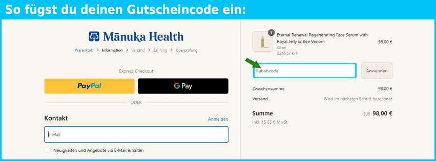 manukahealth Gutschein einfuegen und sparen blau