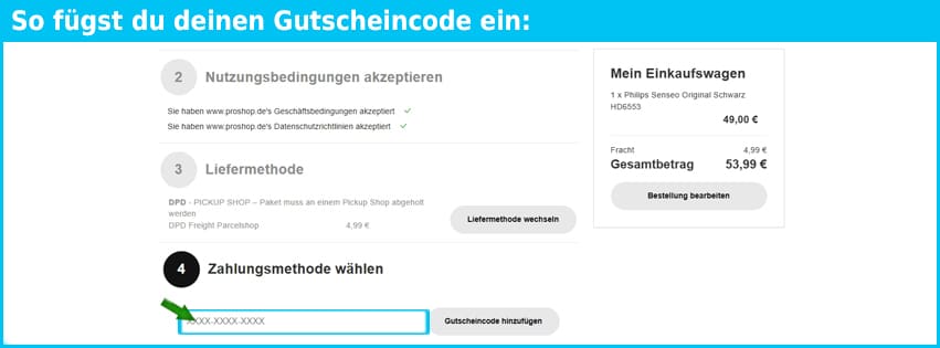 proshop Gutschein einfuegen und sparen blau