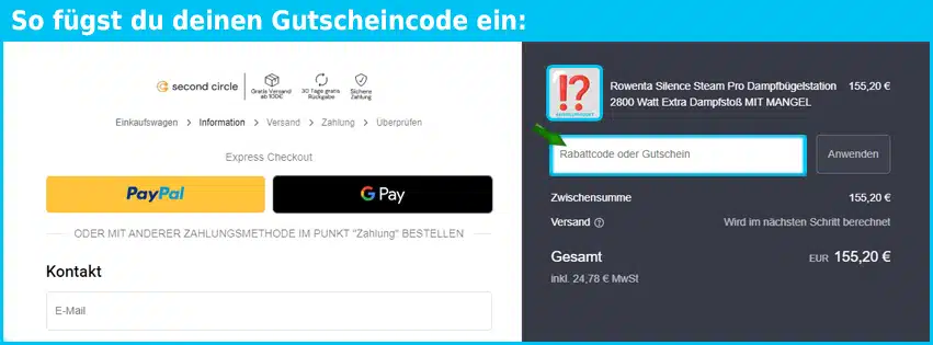 second-circle Gutschein einfuegen und sparen blau