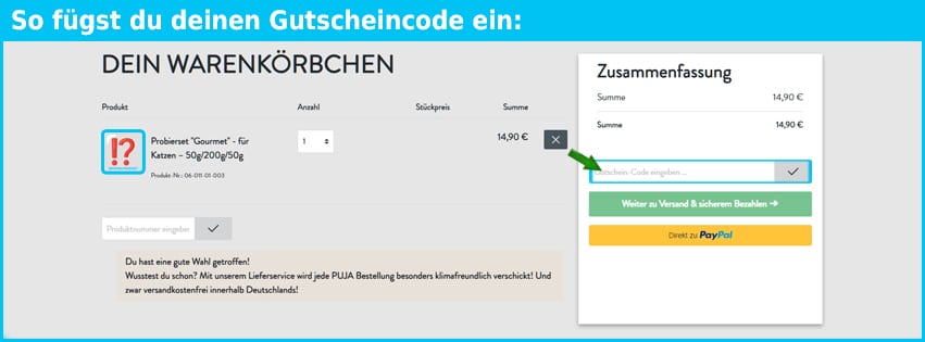puja Gutschein einfuegen und sparen blau