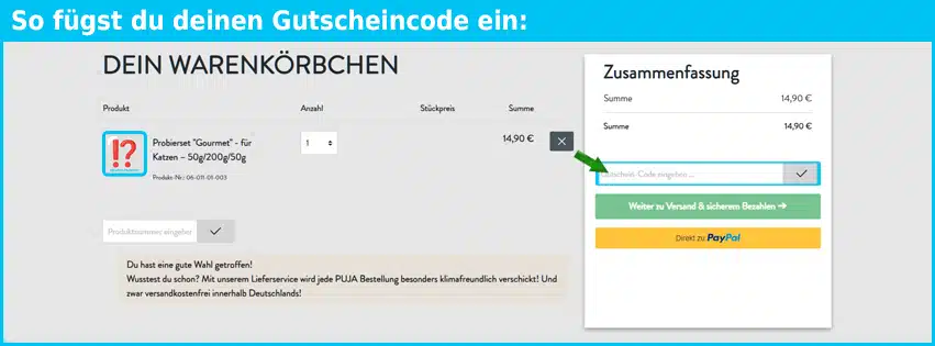 puja Gutschein einfuegen und sparen blau