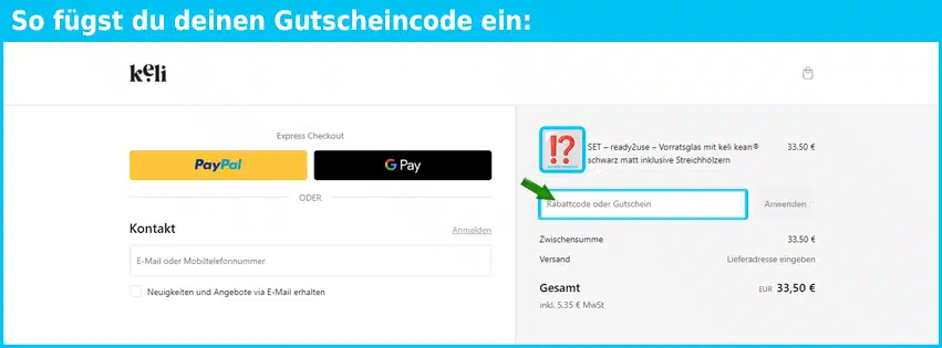 keli Gutschein einfuegen und sparen blau
