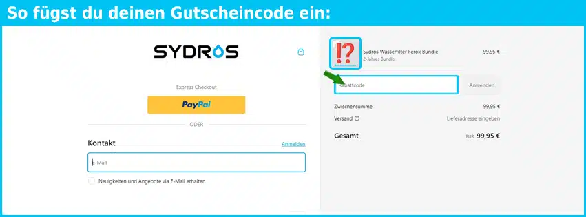 sydros Gutschein einfuegen und sparen blau