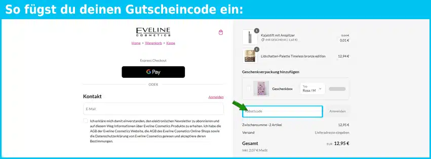 evelinecosmetics Gutschein einfuegen und sparen blau