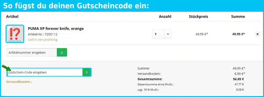 pumaknives Gutschein einfuegen und sparen blau