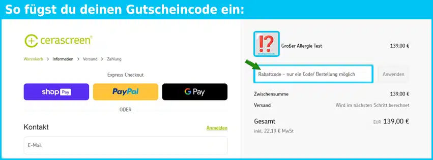 cerascreen Gutschein einfuegen und sparen blau