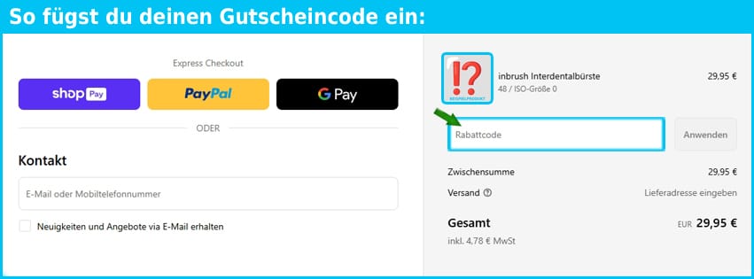 inbrush Gutschein einfuegen und sparen blau