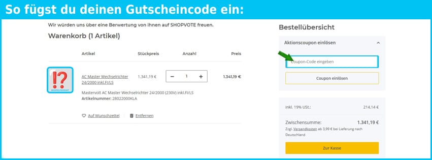 mastervolt-onlineshop Gutschein einfuegen und sparen blau
