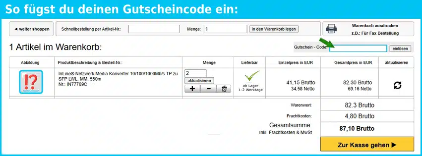 netzwerkartikel.de Gutschein einfuegen und sparen blau